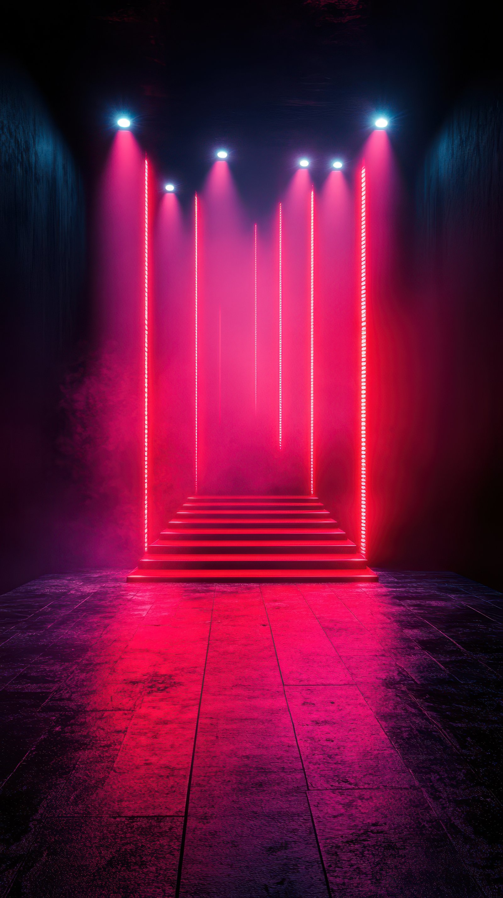 Stunning illuminated staircase in a dark room with vibrant pink and blue lights creating an atmospheric effect